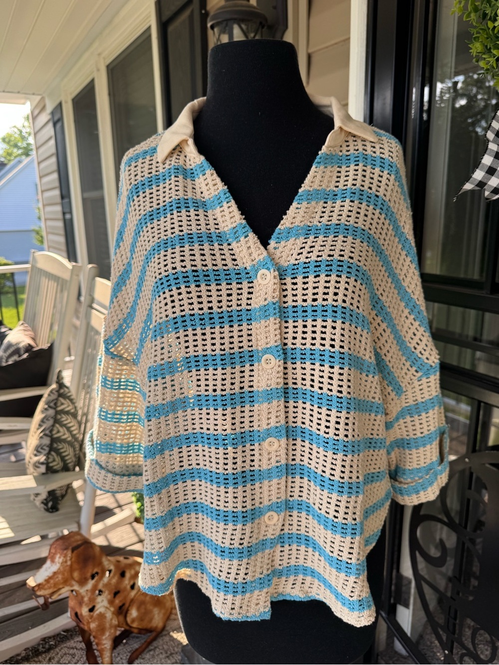 Timing Beige and Teal Striped Open Knit Button-Up Top